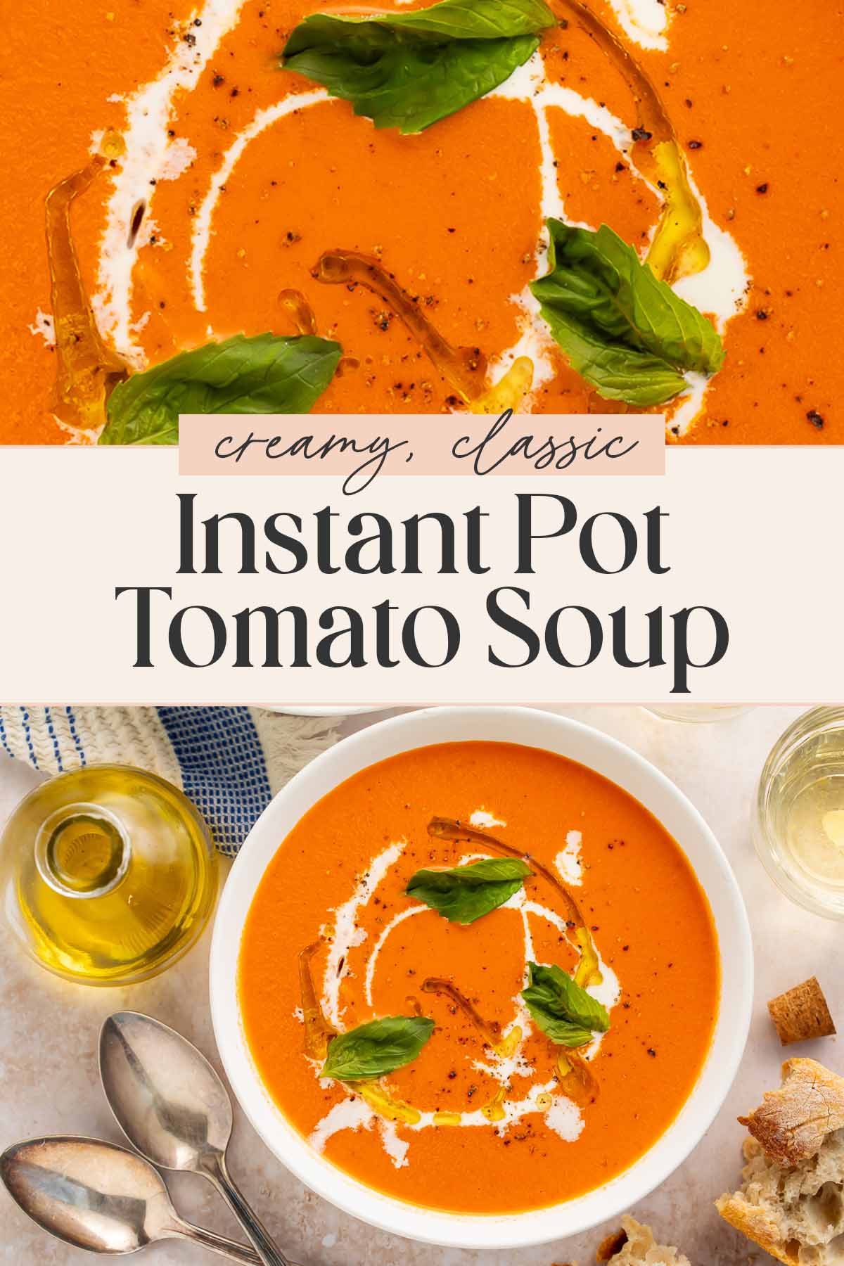 Pin graphic for Instant Pot tomato soup.