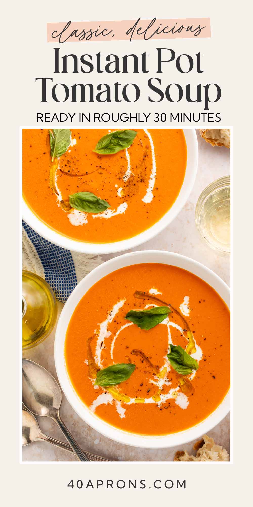 Pin graphic for Instant Pot tomato soup.