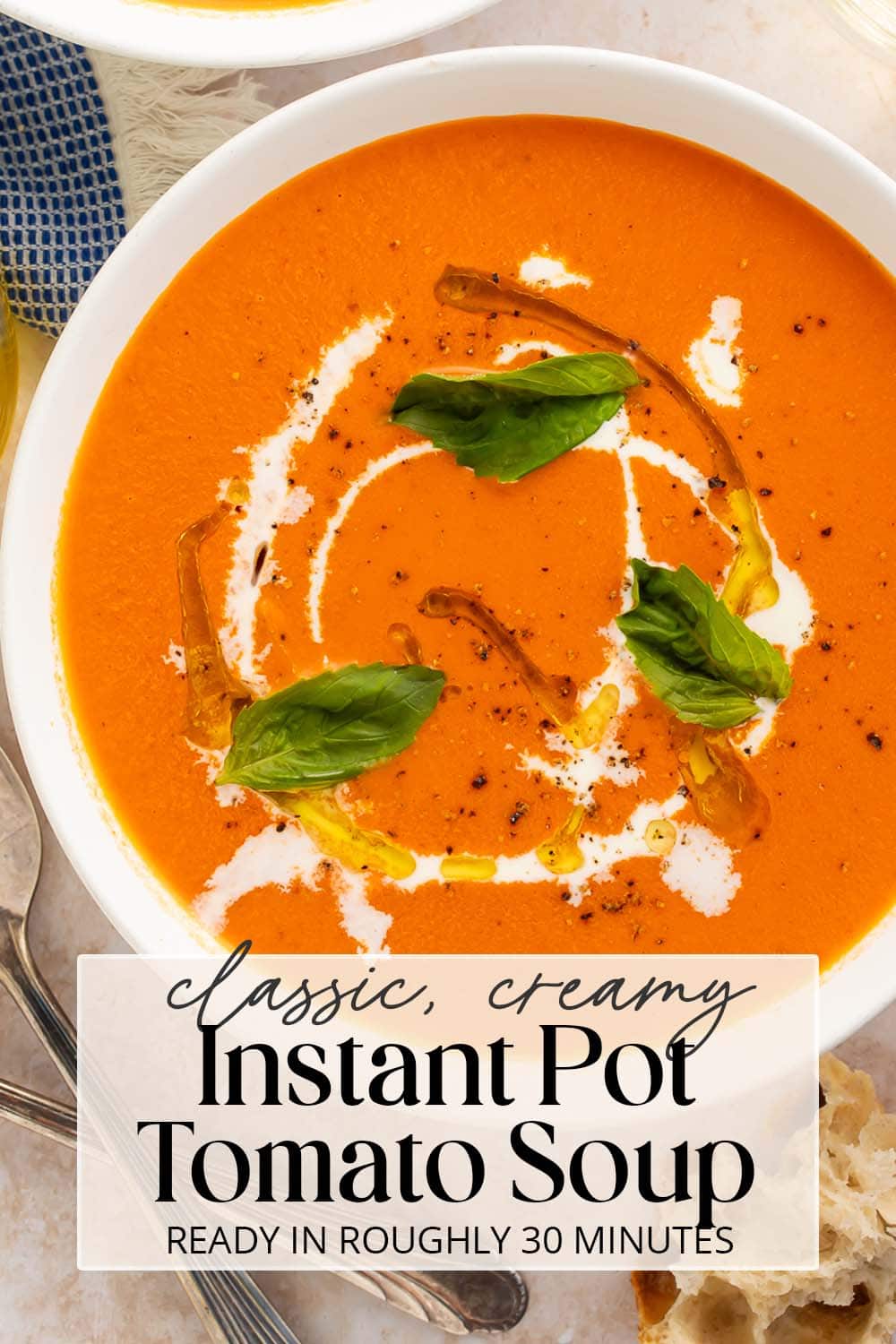 Pin graphic for Instant Pot tomato soup.