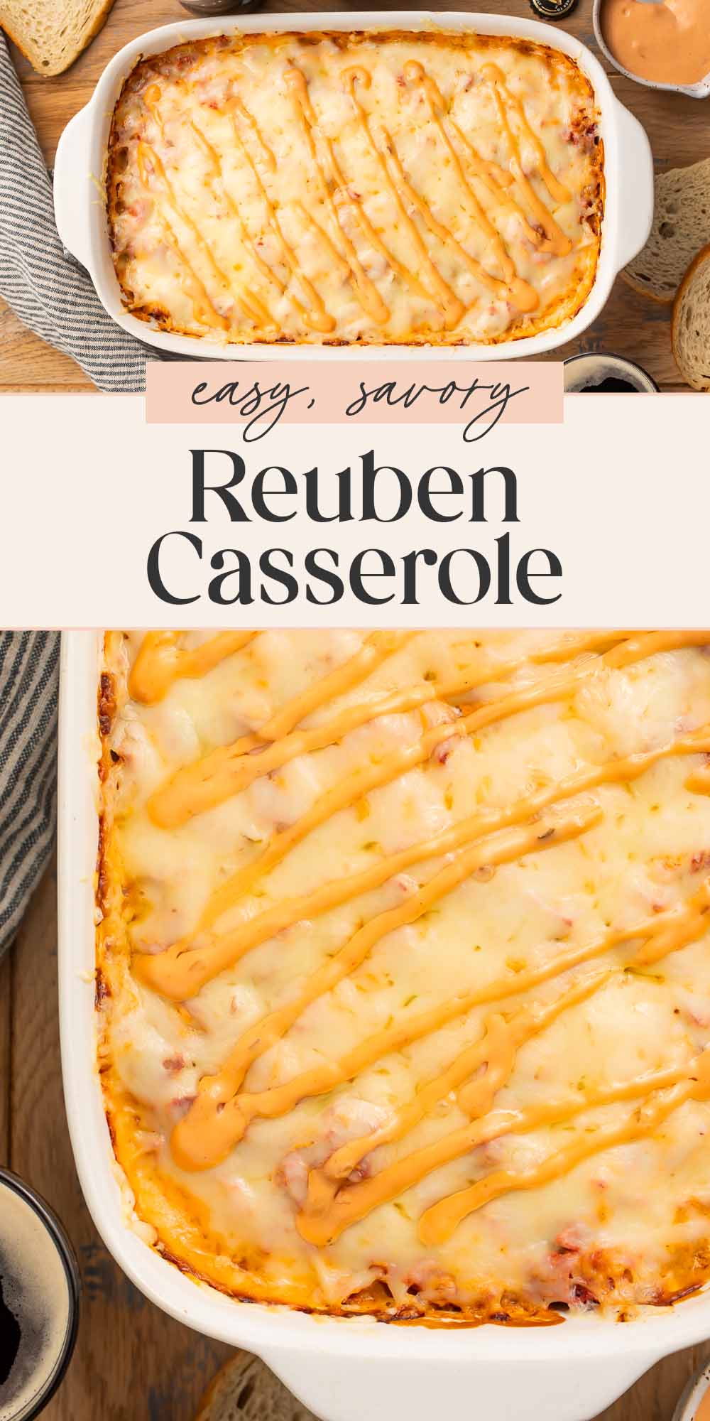 Pin graphic for Reuben casserole.