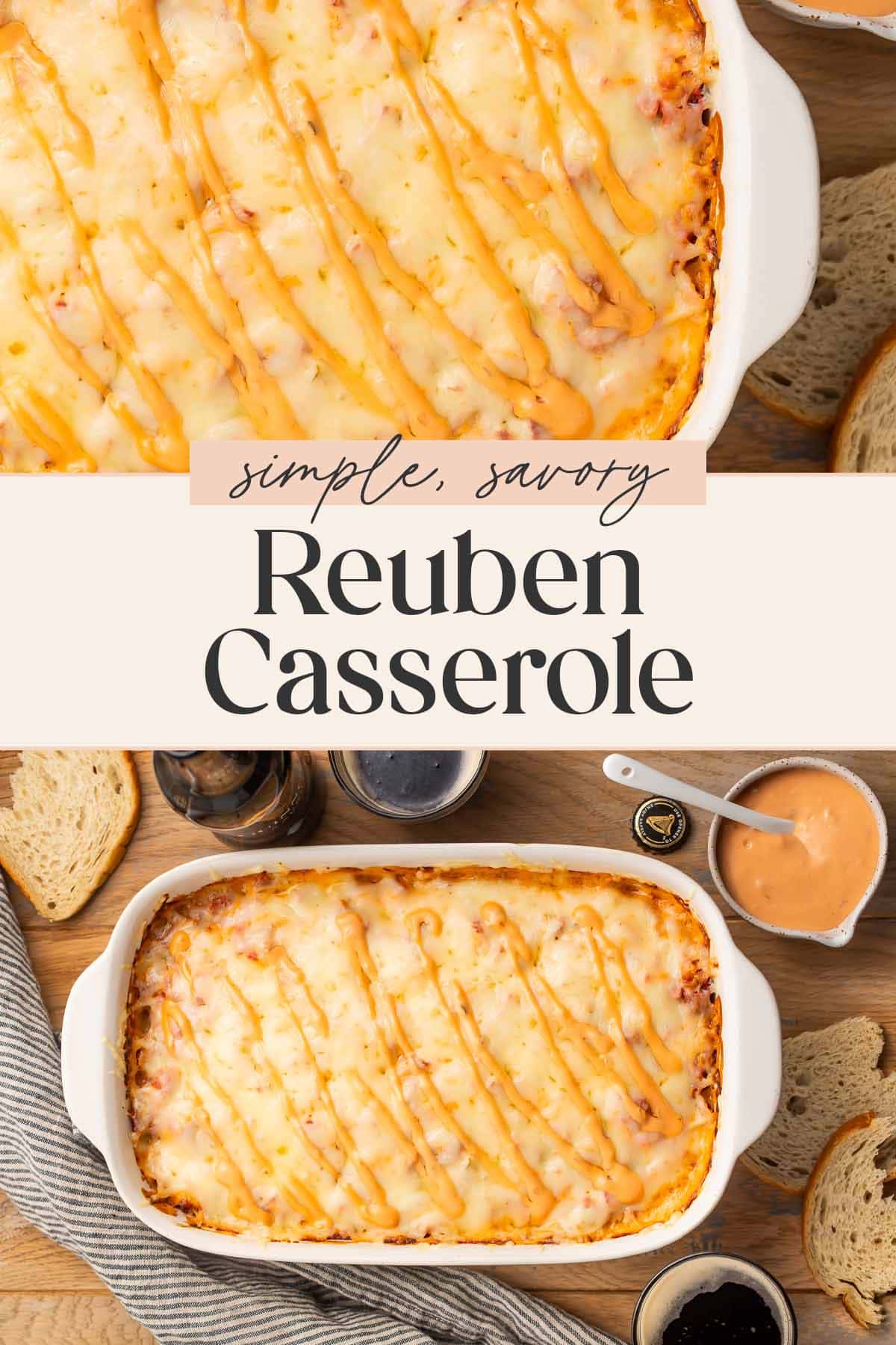 Pin graphic for Reuben casserole.