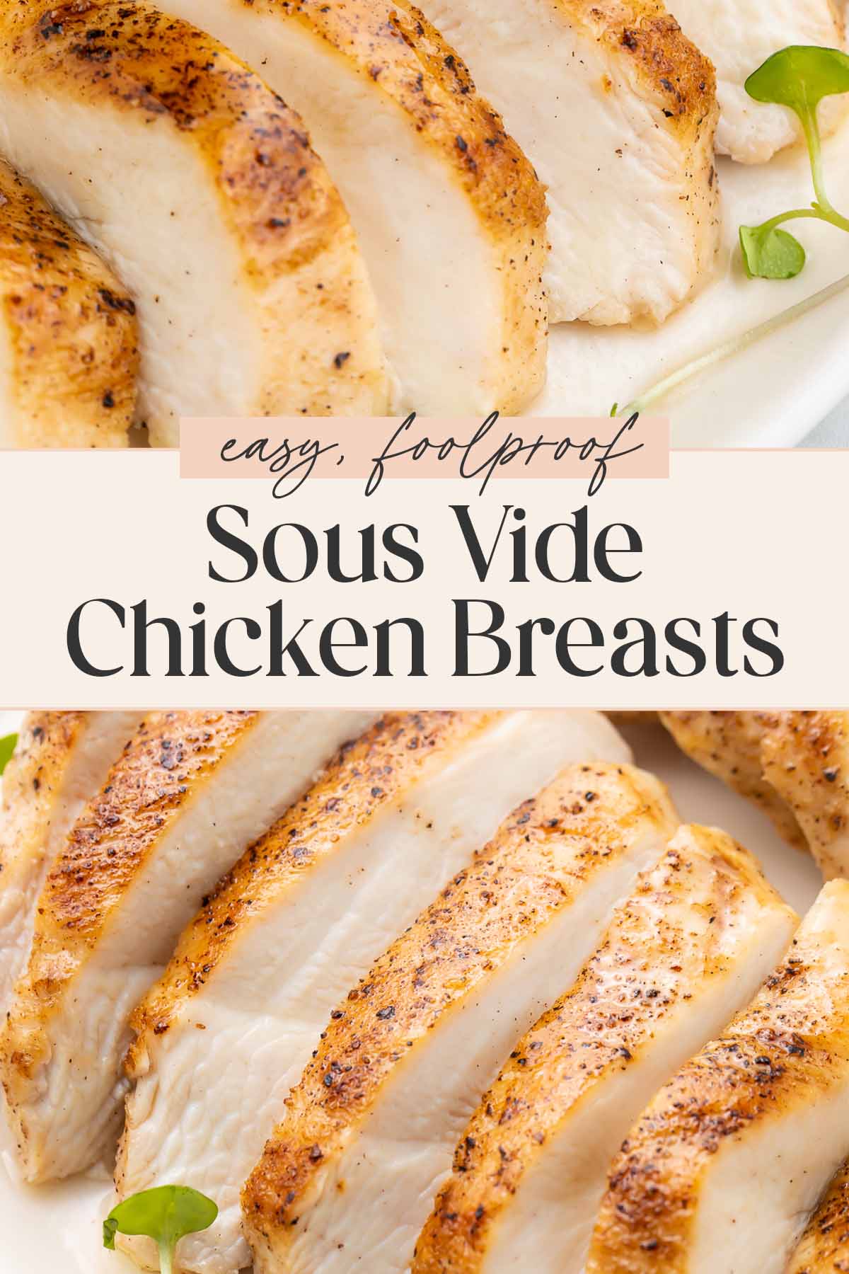 Pin graphic for sous vide chicken breasts.