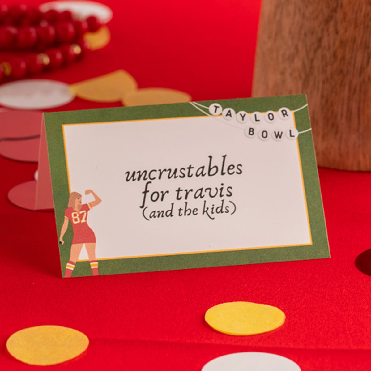 Taylor Swift Super Bowl Party Uncrustables table tent.