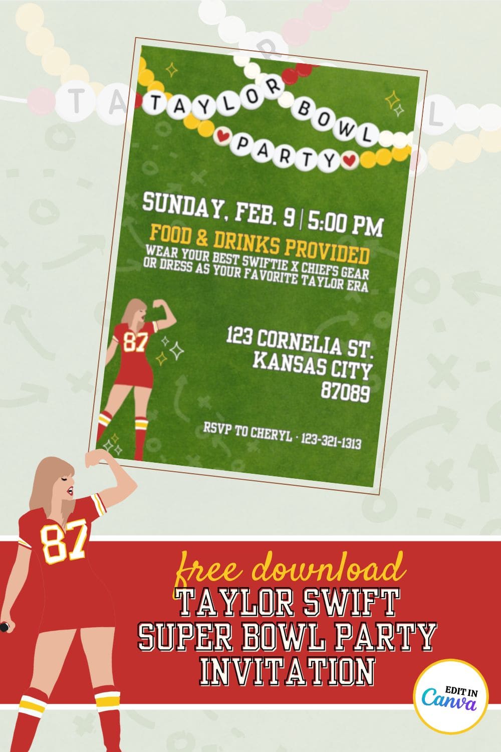 Pin graphic for Taylor Swift Super Bowl Party.