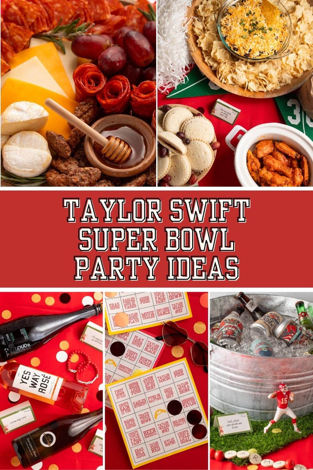 Pin graphic for Taylor Swift Super Bowl Party.