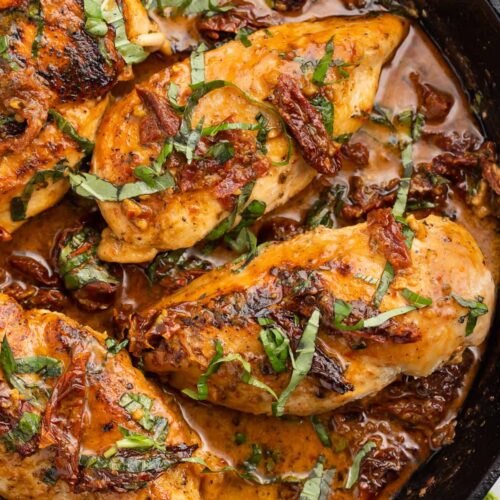 Whole30 marry me chicken in a cast iron skillet.