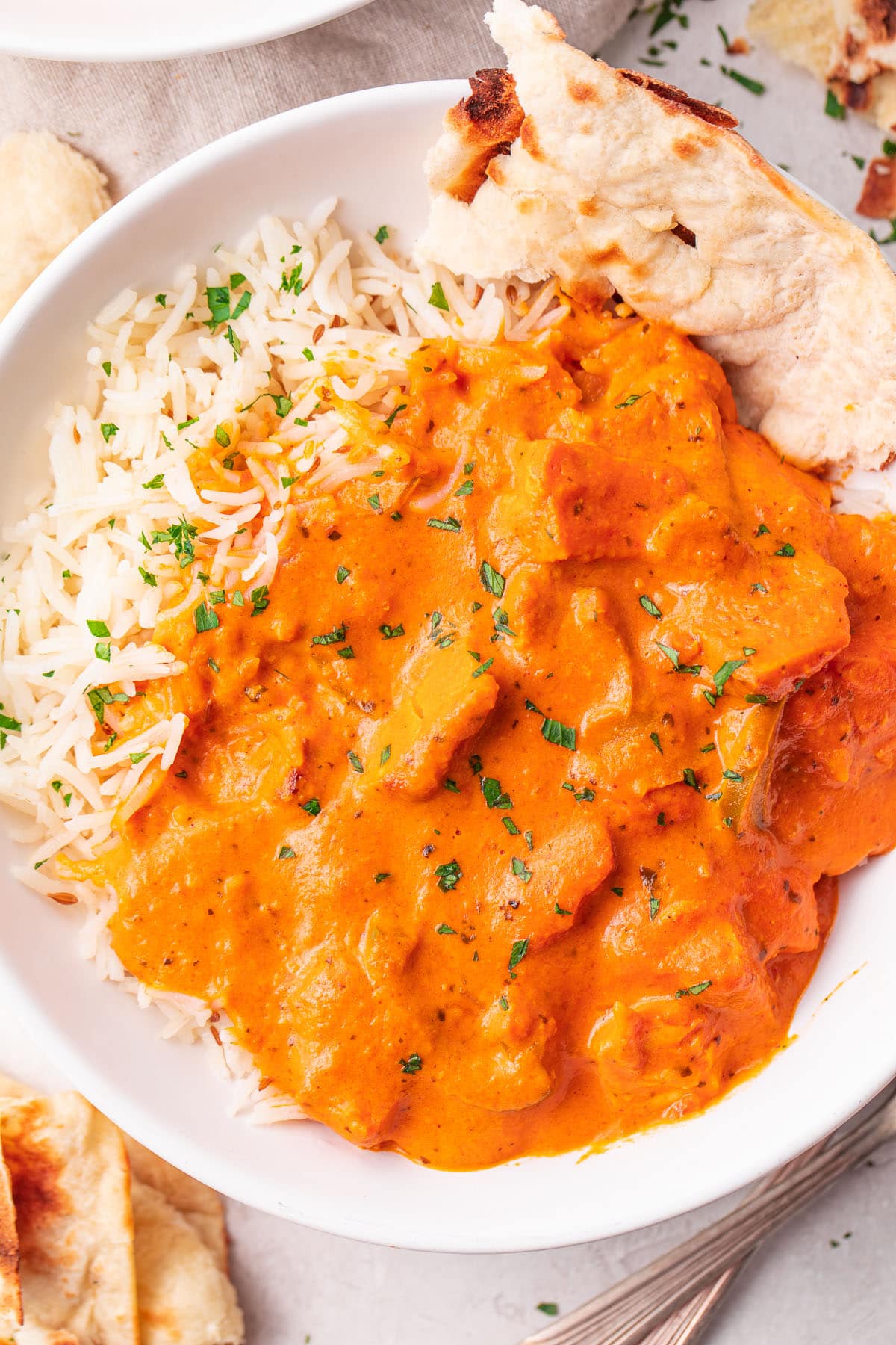 A bowl of chicken tikka masala with rice and a piece of pita bread.