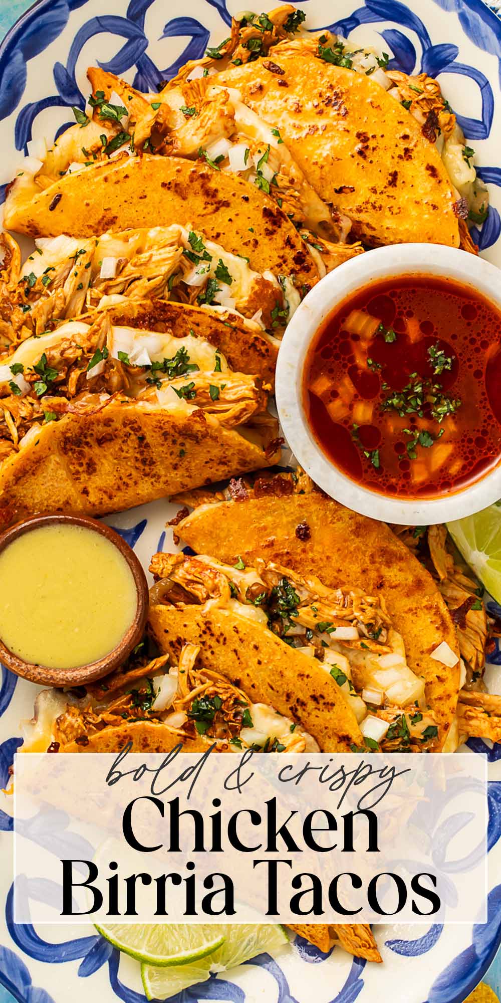 Pin graphic for chicken birria tacos.