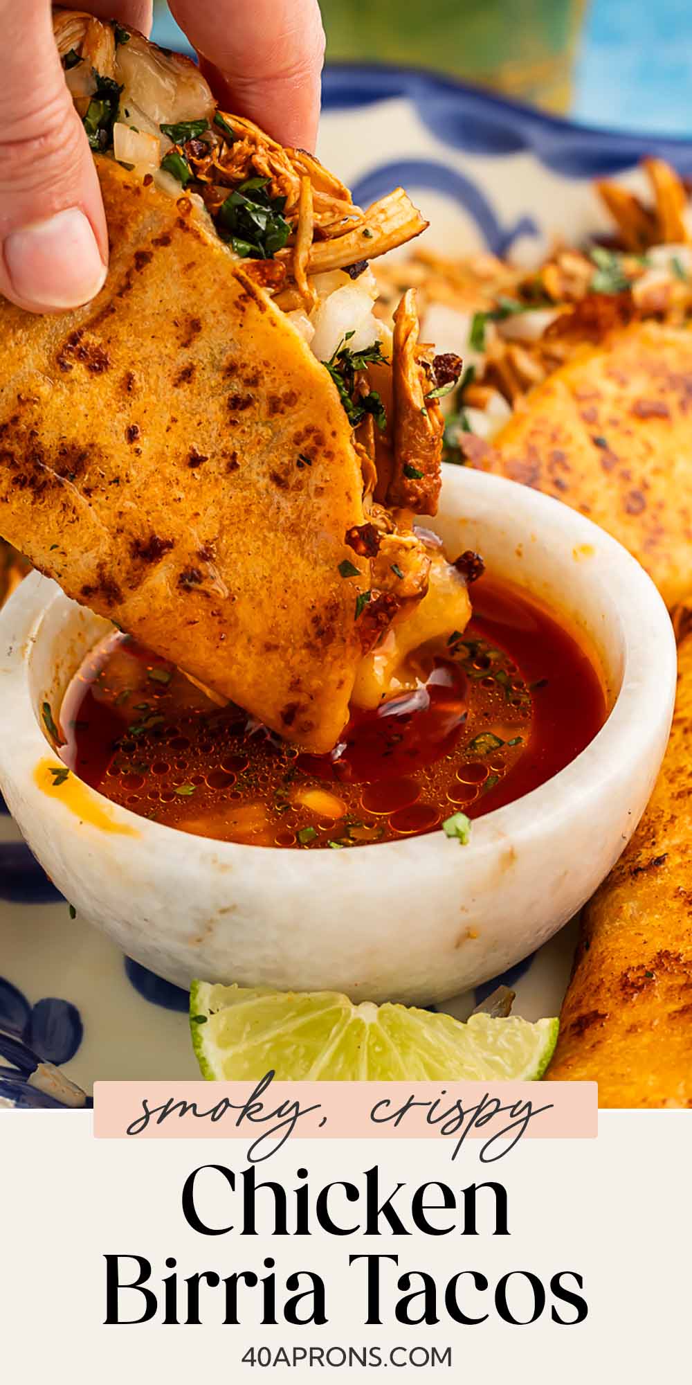 Pin graphic for chicken birria tacos.