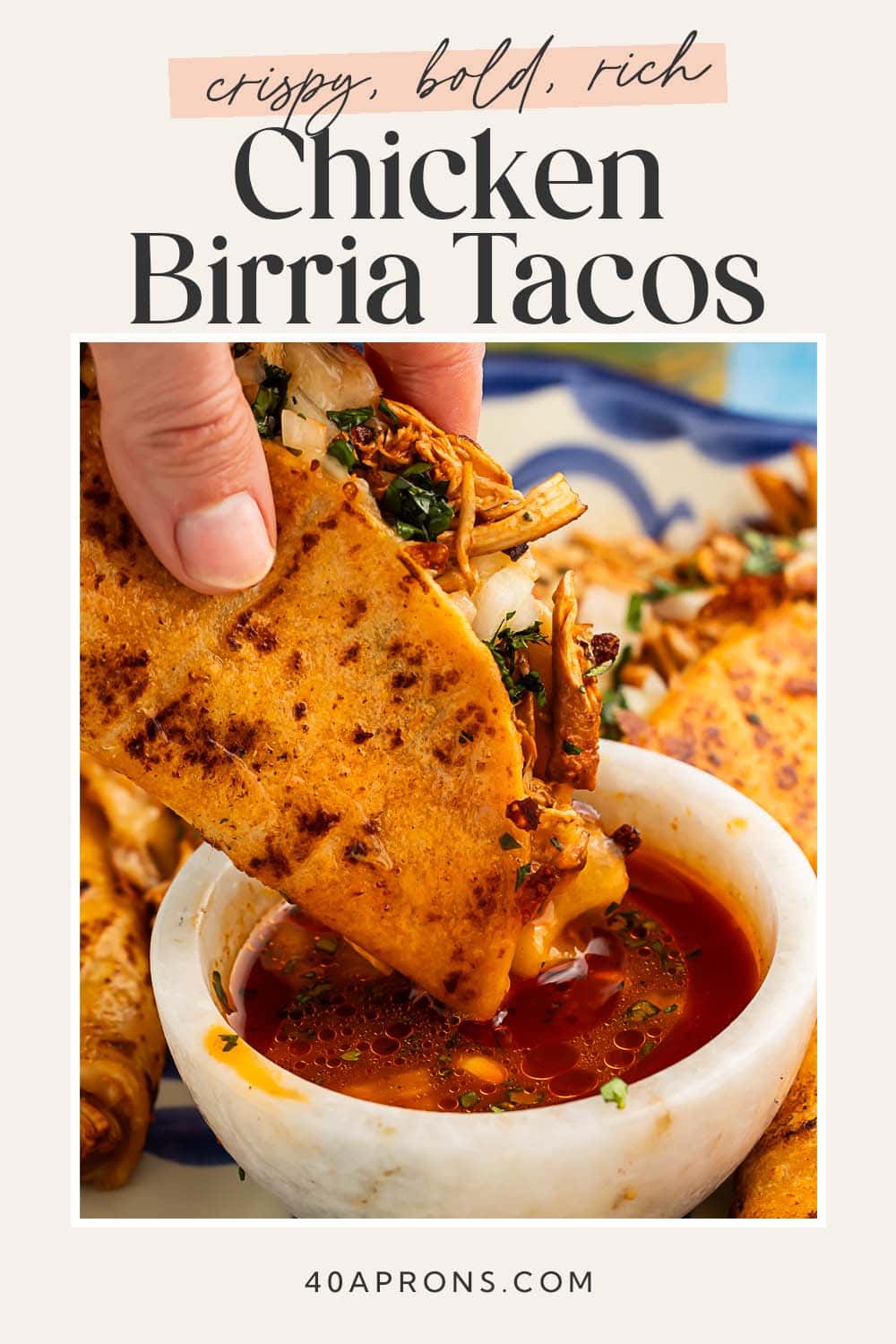 Pin graphic for chicken birria tacos.