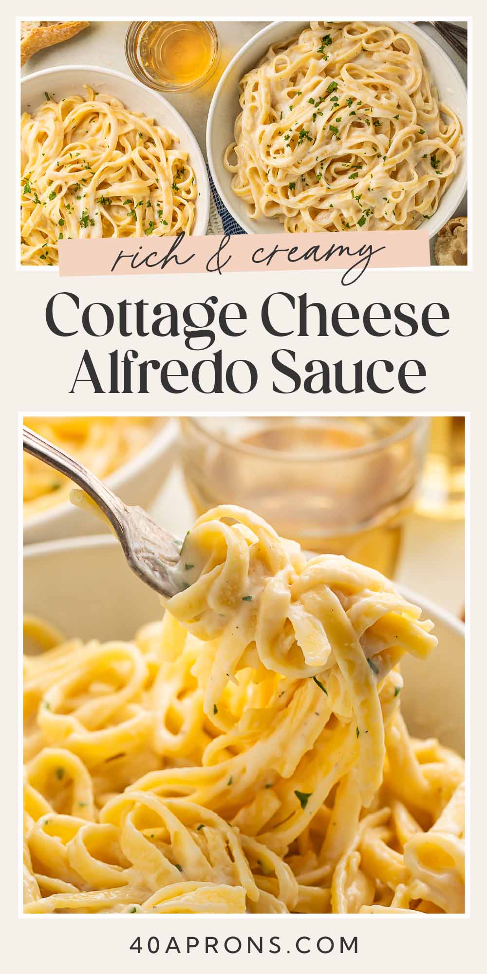 Pin graphic for cottage cheese alfredo.