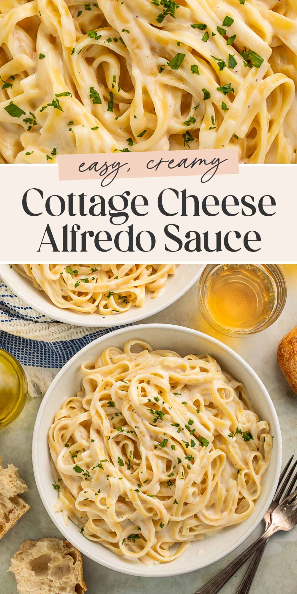 Pin graphic for cottage cheese alfredo.