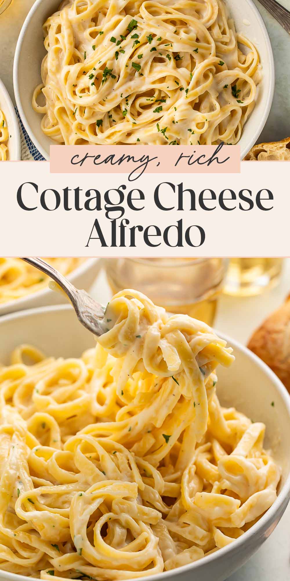 Pin graphic for cottage cheese alfredo.