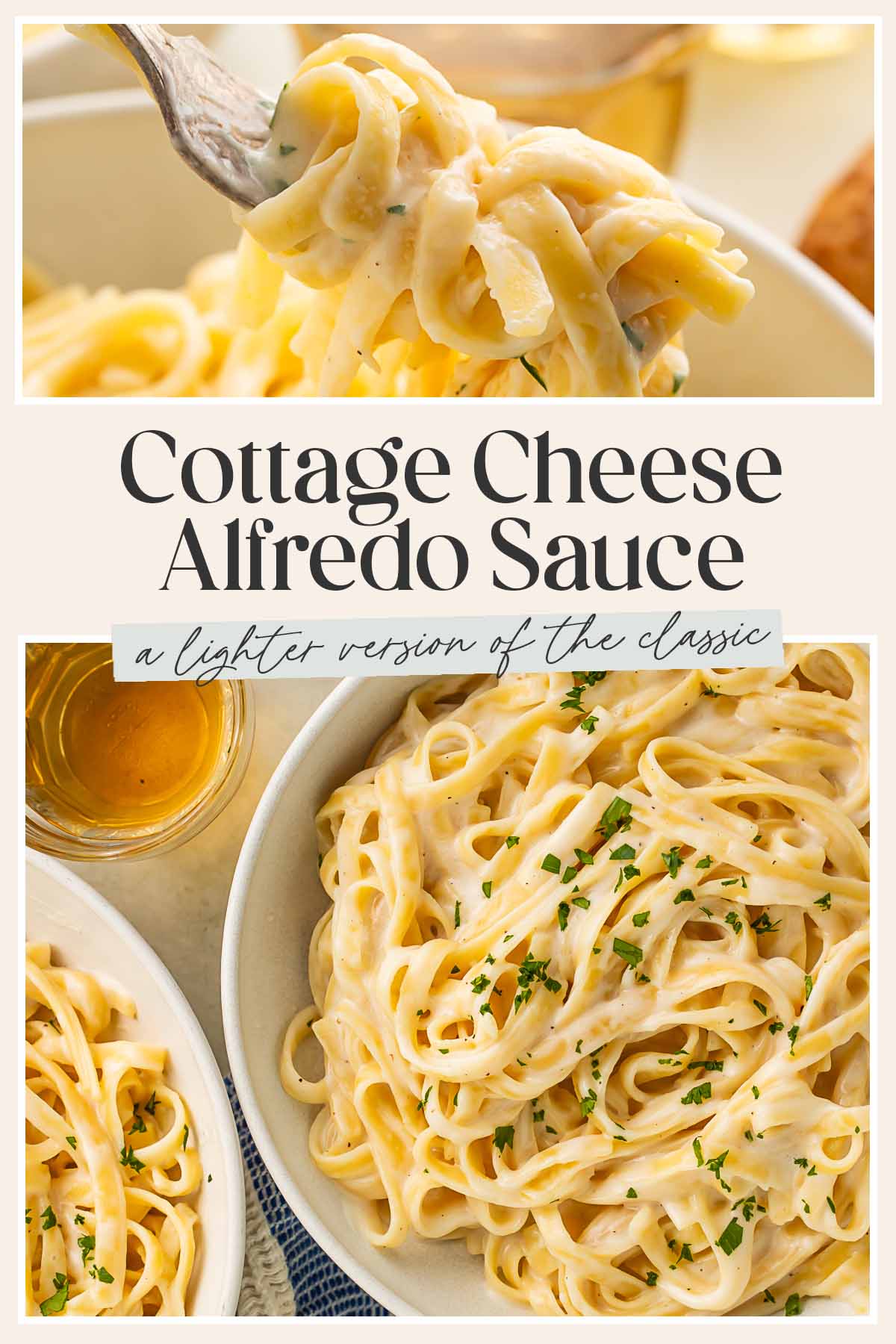 Pin graphic for cottage cheese alfredo.