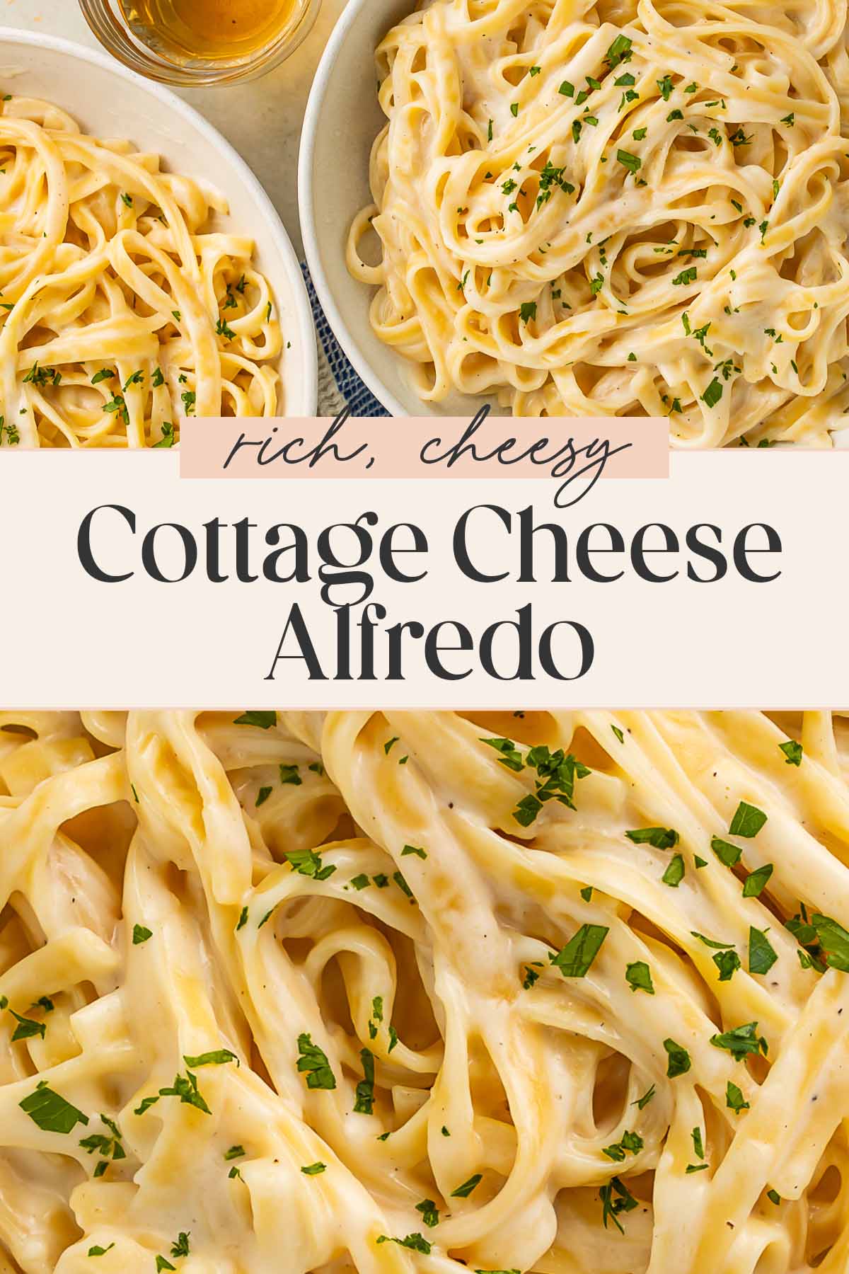 Pin graphic for cottage cheese alfredo.