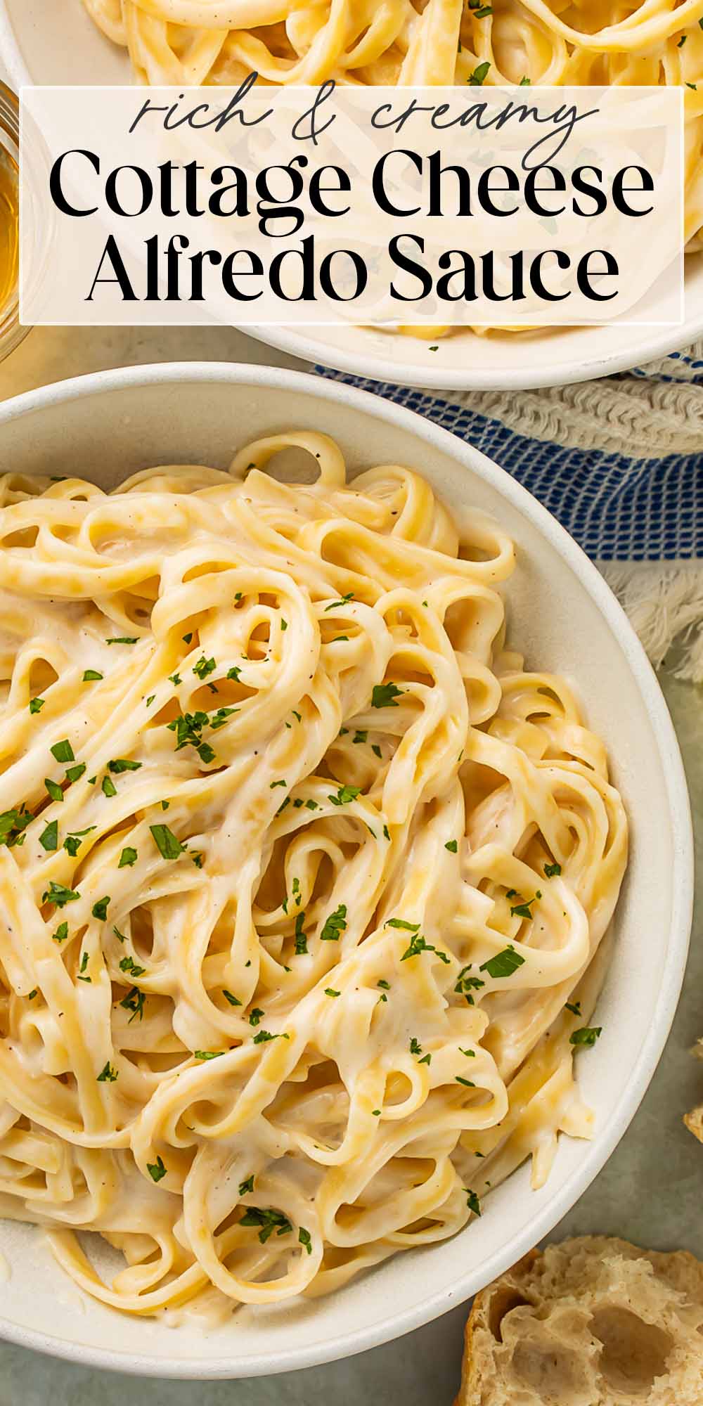 Pin graphic for cottage cheese alfredo.