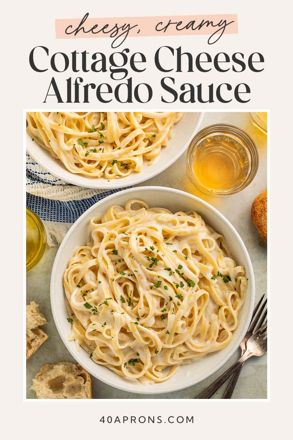Pin graphic for cottage cheese alfredo.