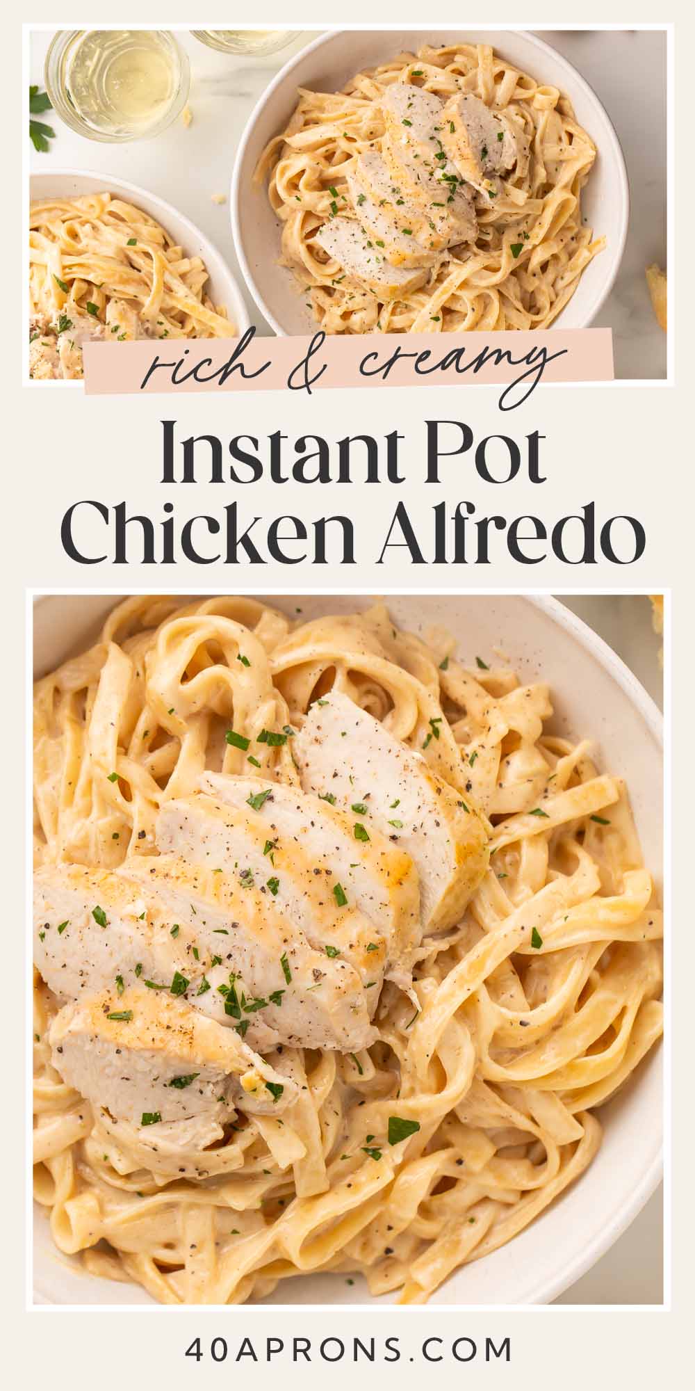 Pin graphic for Instant Pot chicken alfredo.