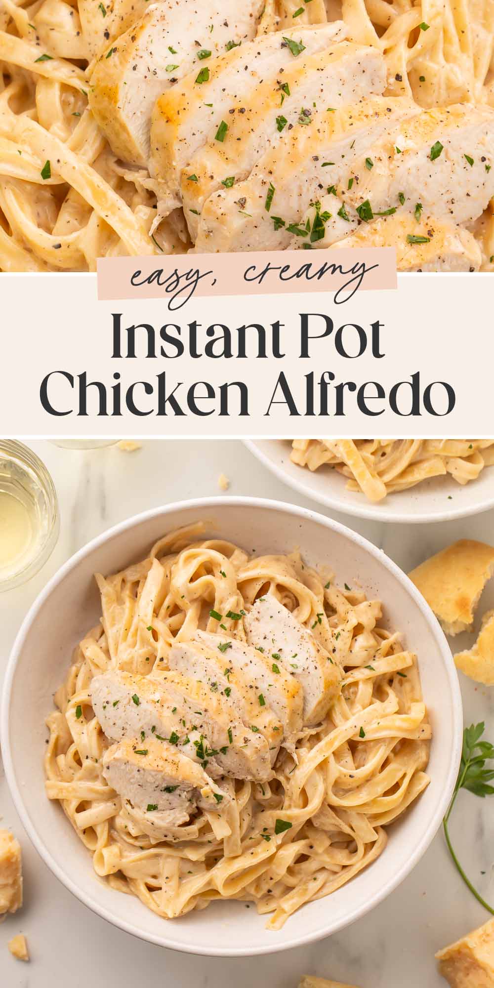 Pin graphic for Instant Pot chicken alfredo.