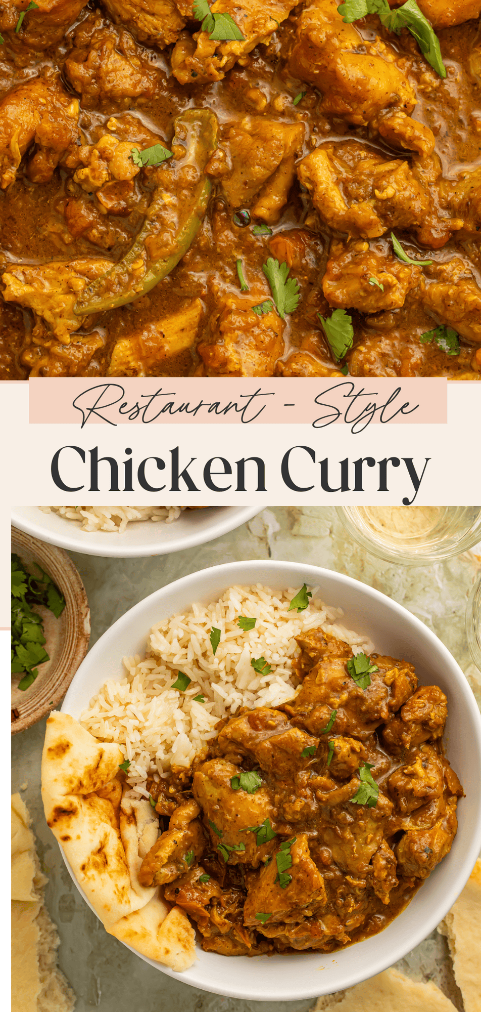 Pinterest pin showing chicken curry in a pan and served in a white bowl with rice