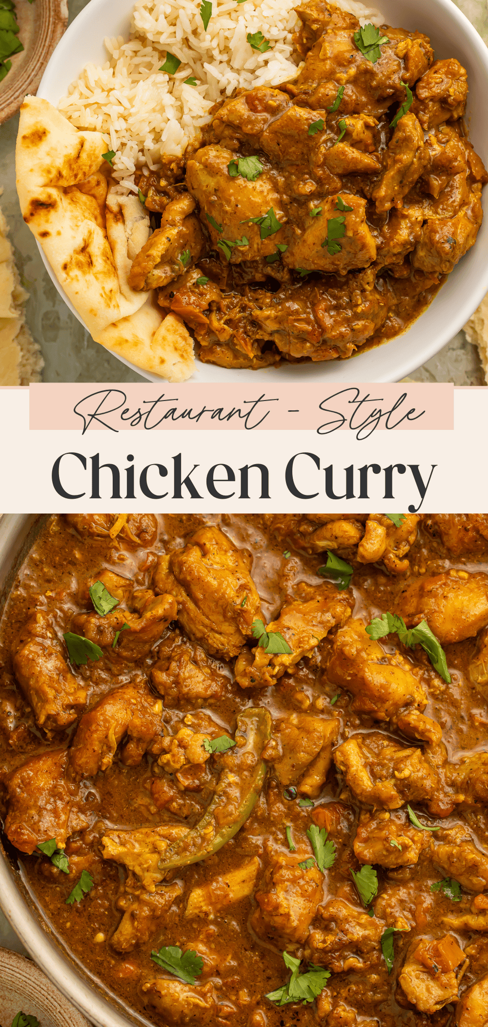Pinterest pin of chicken curry in a white bowl and simmering in a gold pan