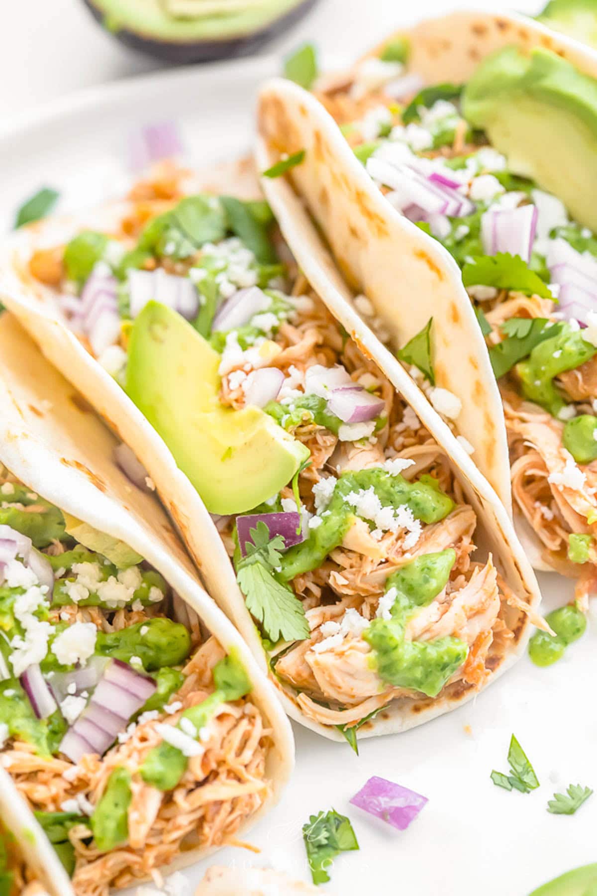 Close-up of Crockpot chicken tacos arranged on a white plate. The tacos are topped with diced red onion, slices of avocado, and crumbled cheese.