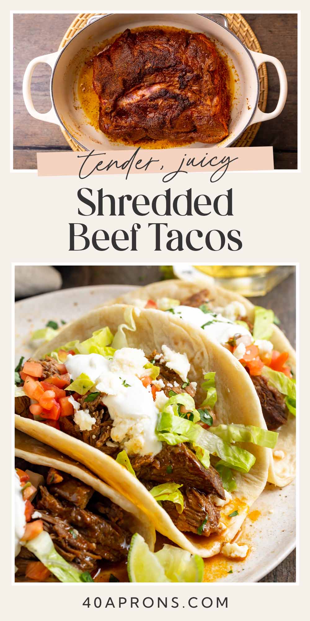 Pin graphic for shredded beef tacos.