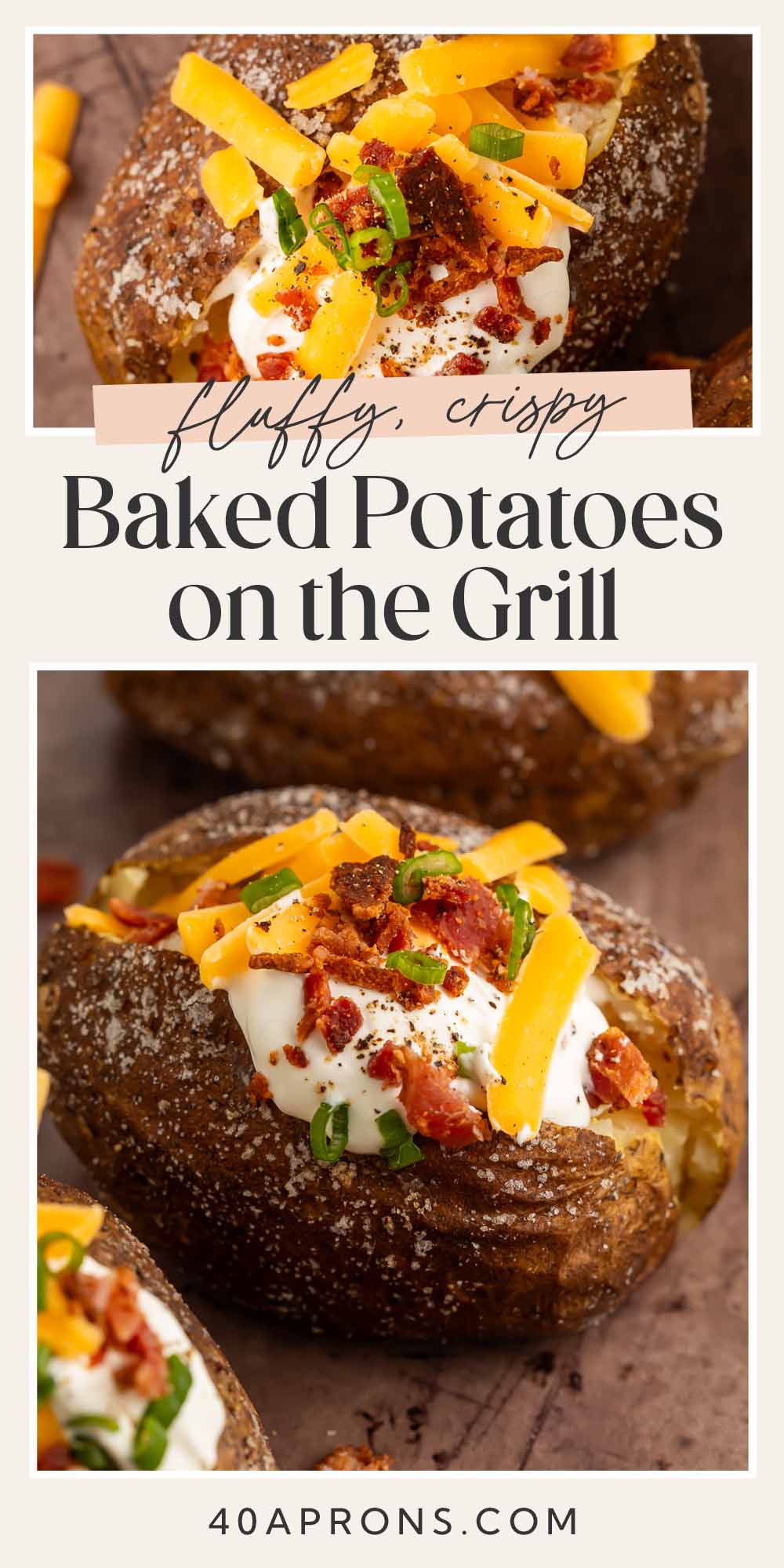 Pin graphic for baked potatoes on the grill.