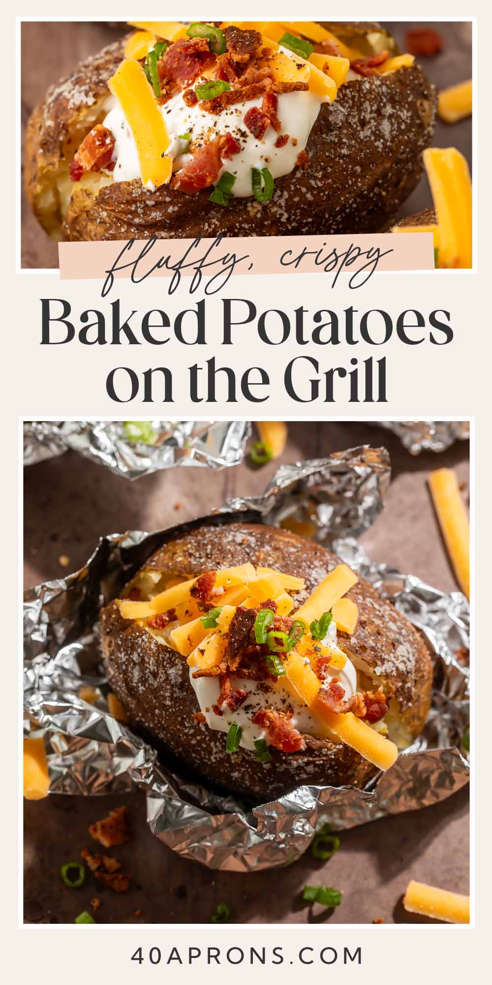 Pin graphic for baked potatoes on the grill.