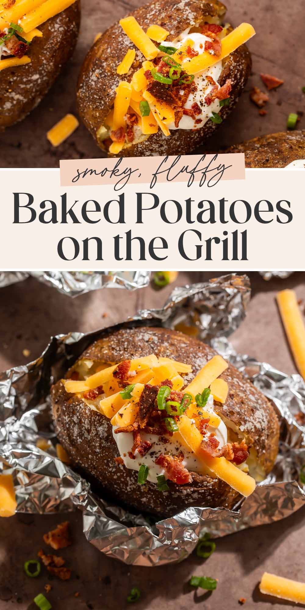 Pin graphic for baked potatoes on the grill.