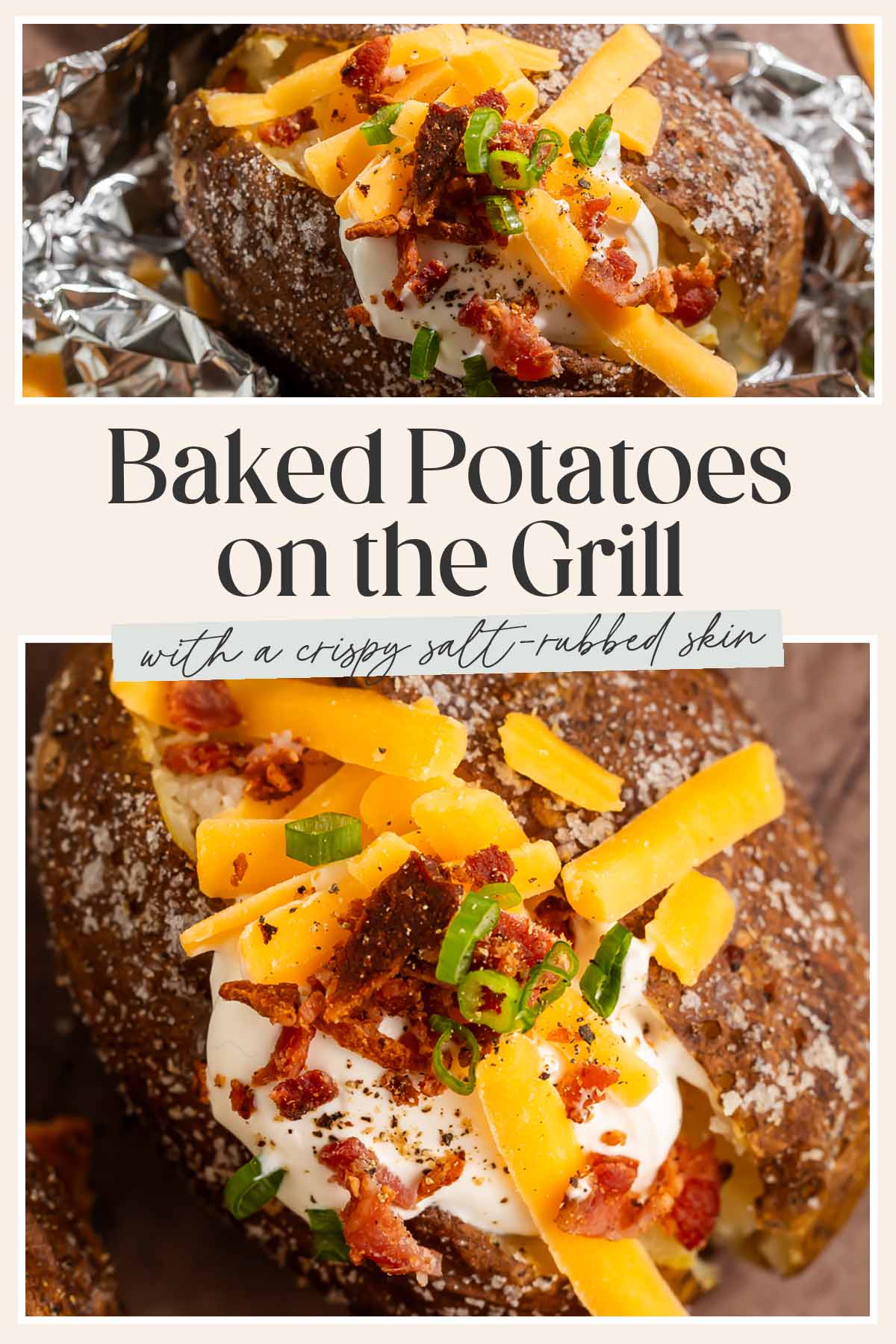 Pin graphic for baked potatoes on the grill.