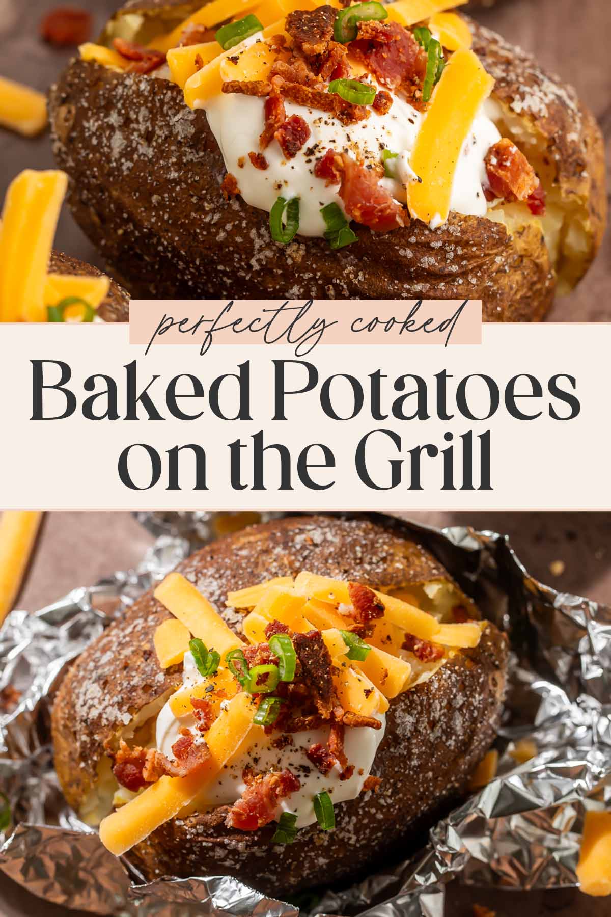 Pin graphic for baked potatoes on the grill.