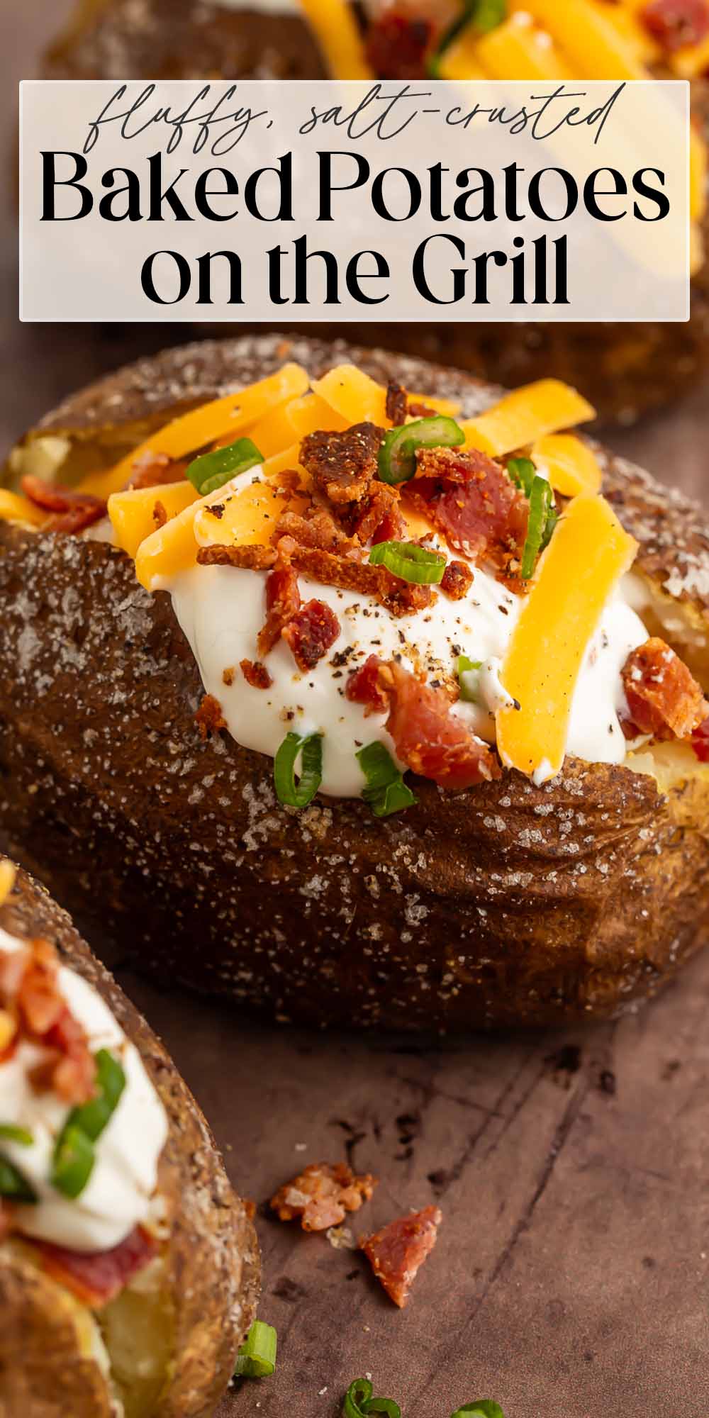 Pin graphic for baked potatoes on the grill.