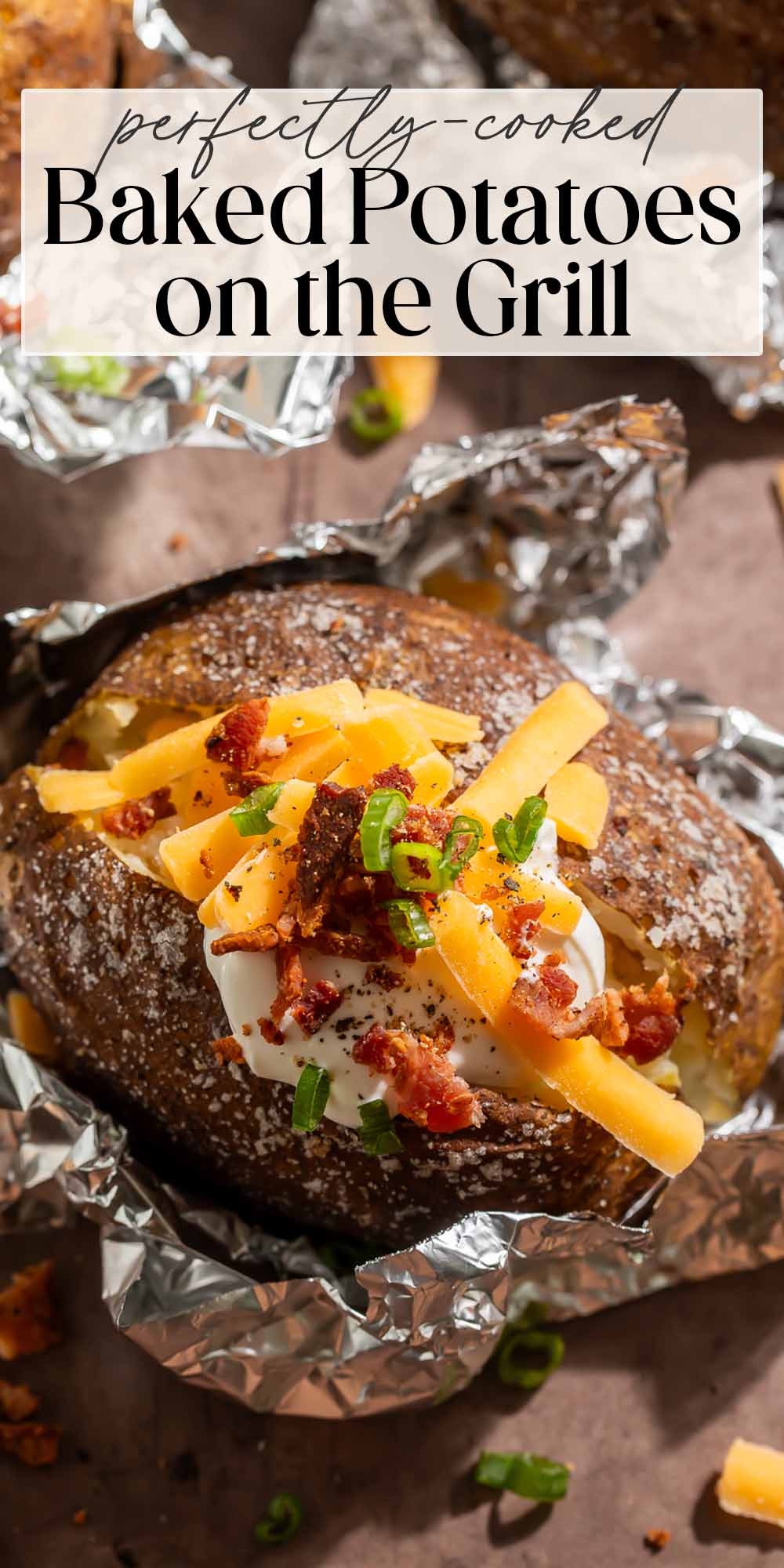 Pin graphic for baked potatoes on the grill.