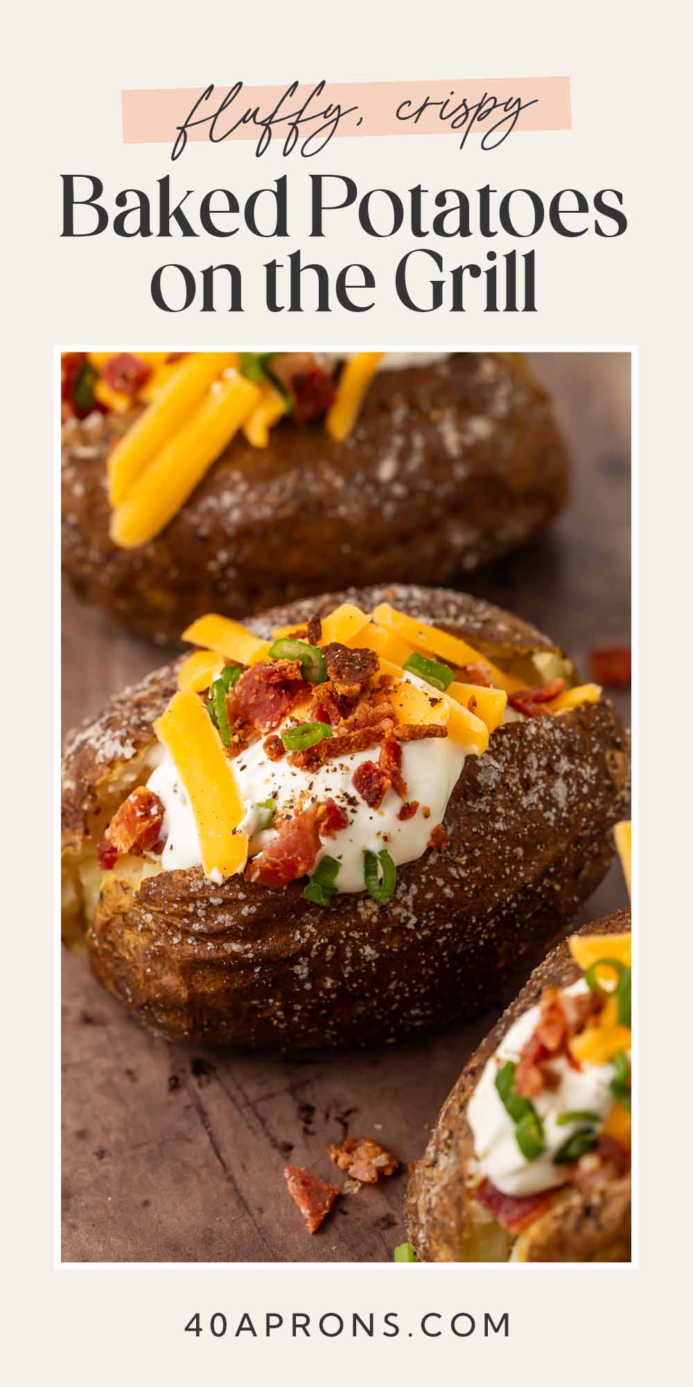 Pin graphic for baked potatoes on the grill.