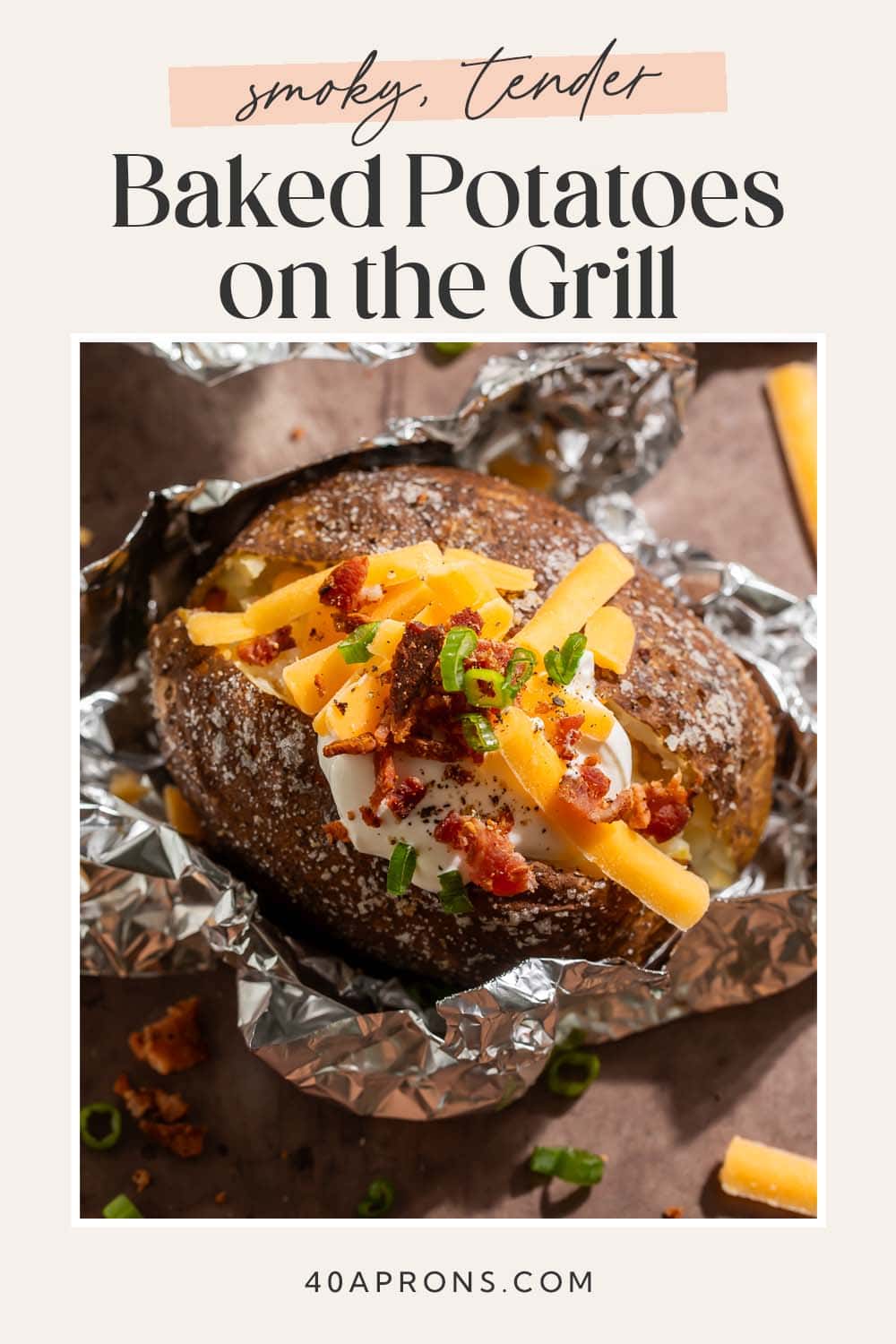 Pin graphic for baked potatoes on the grill.