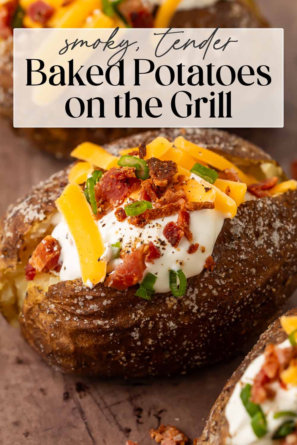 Pin graphic for baked potatoes on the grill.