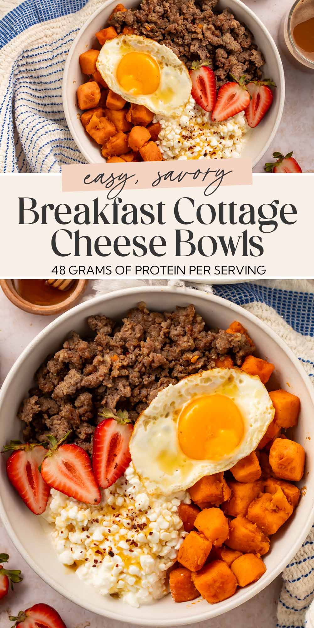 Pin graphic for breakfast cottage cheese bowls.