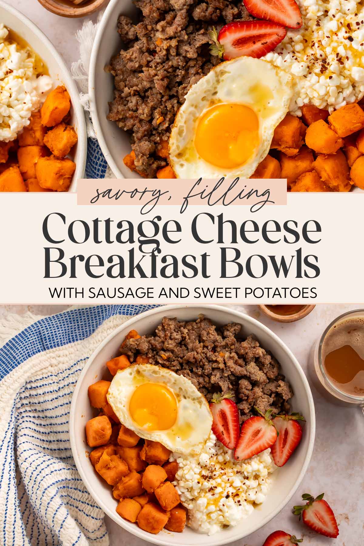 Pin graphic for breakfast cottage cheese bowls.