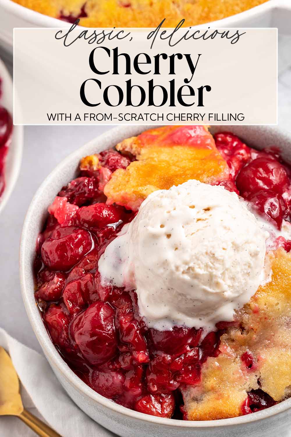 Pin graphic for cherry cobbler.