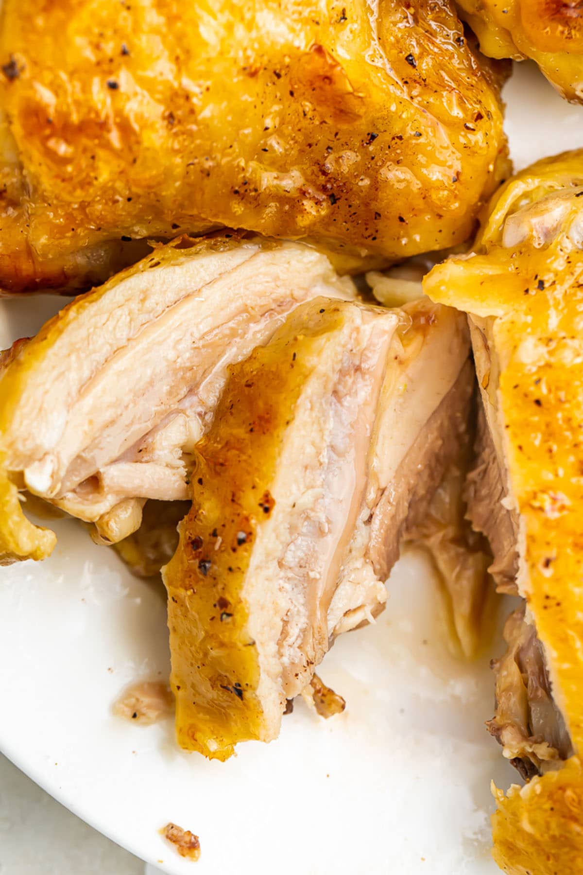 A previously frozen chicken thigh, cooked in the Instant Pot, cut into thick slices to show the inner chicken meat.