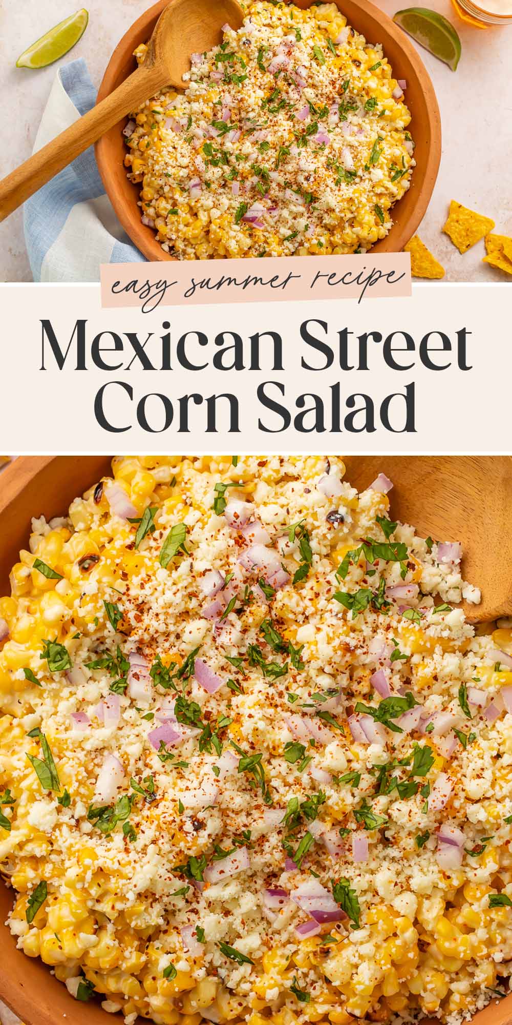 Pin graphic for Mexican street corn salad.