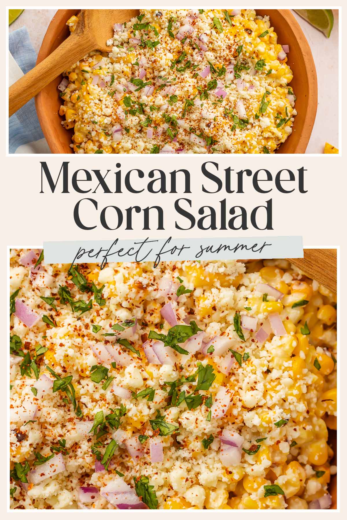 Pin graphic for Mexican street corn salad.