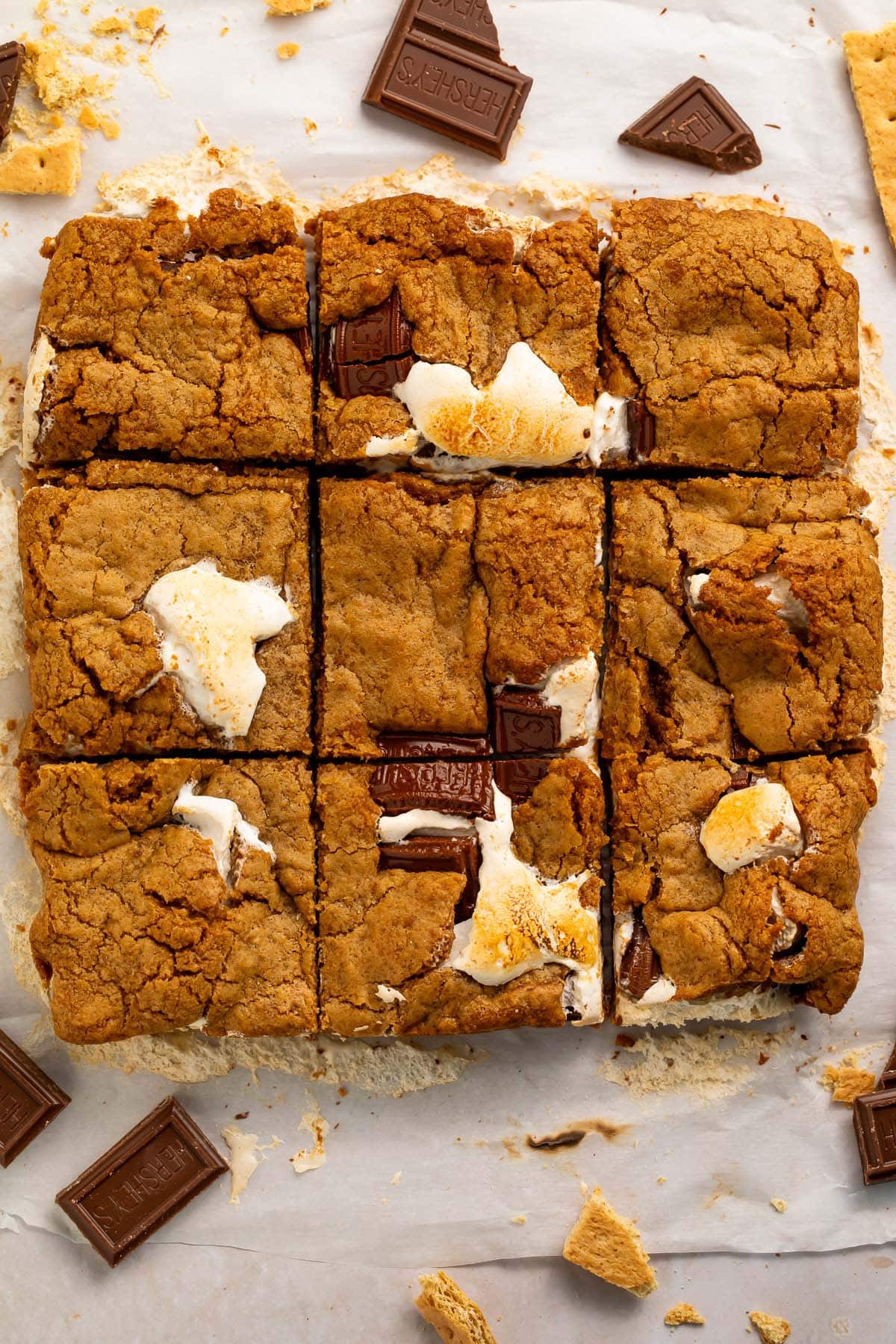 A sheet of s'mores bars, cut into 9 individual squares.