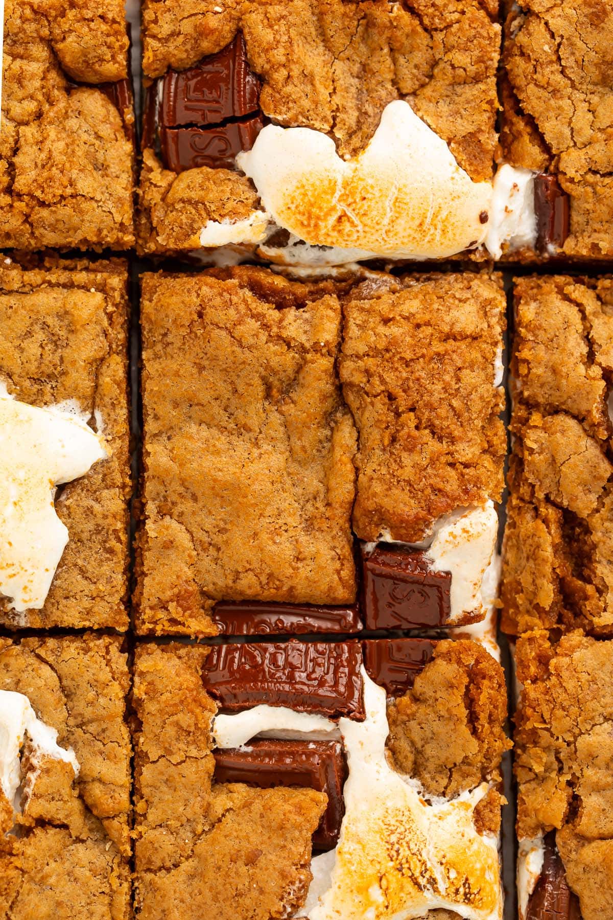 Close-up of a sheet of s'mores bars, cut into 9 individual squares.