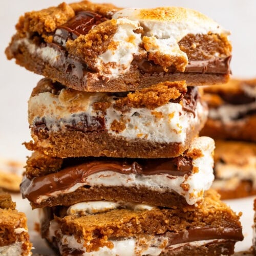 A stack of 4 gooey s'mores bars.