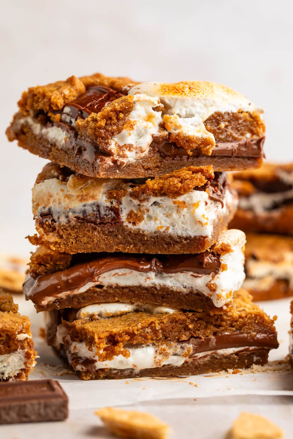 A stack of 4 gooey s'mores bars.