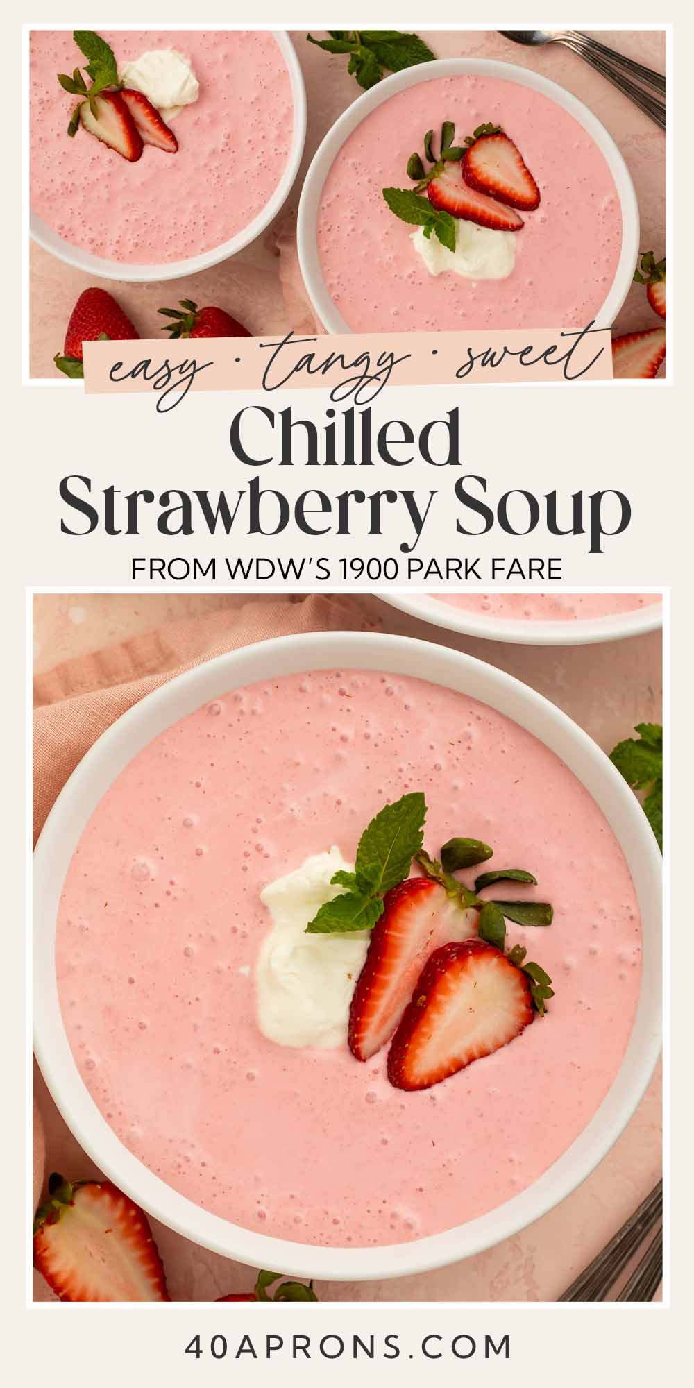 Pin graphic for strawberry soup.
