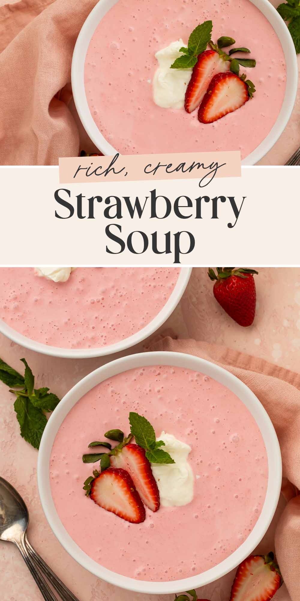 Pin graphic for strawberry soup.