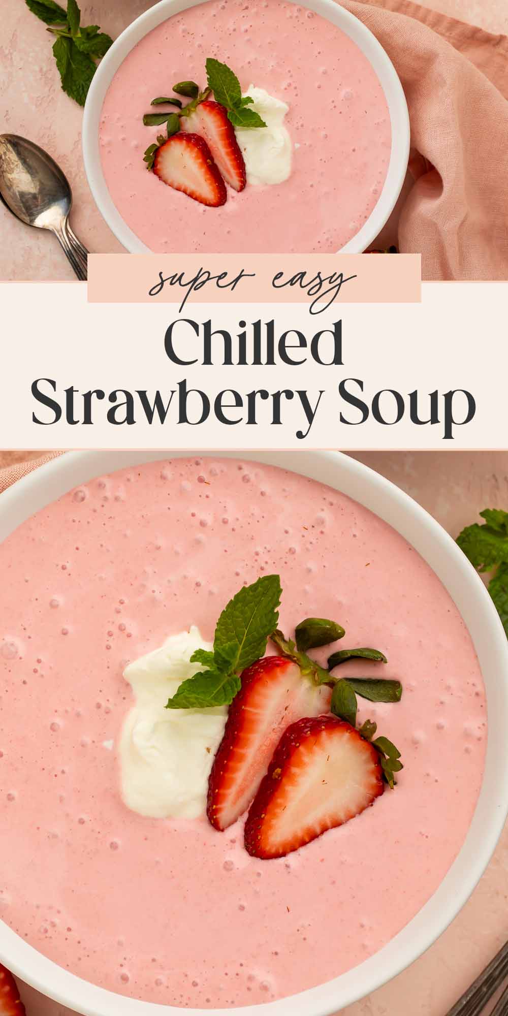 Pin graphic for strawberry soup.